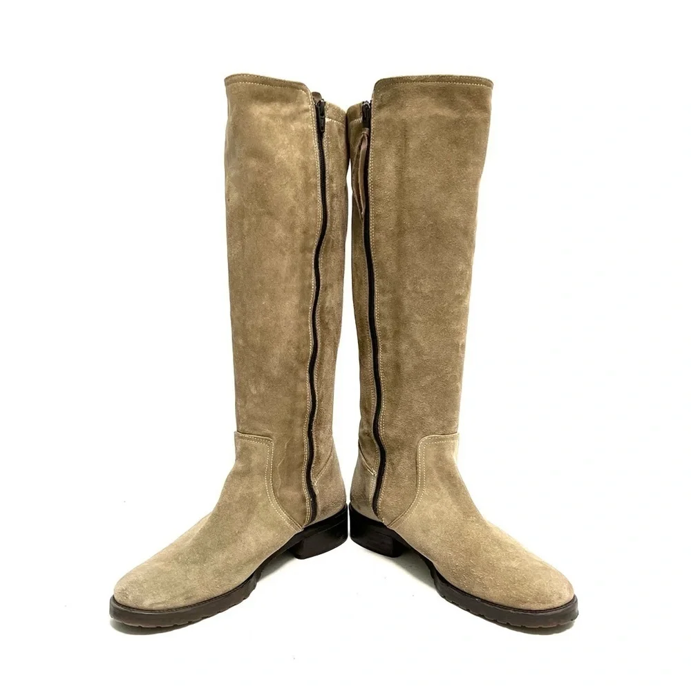 Vintage 1990s women’s tan suede zip up knee high fleece line buckle riding boots